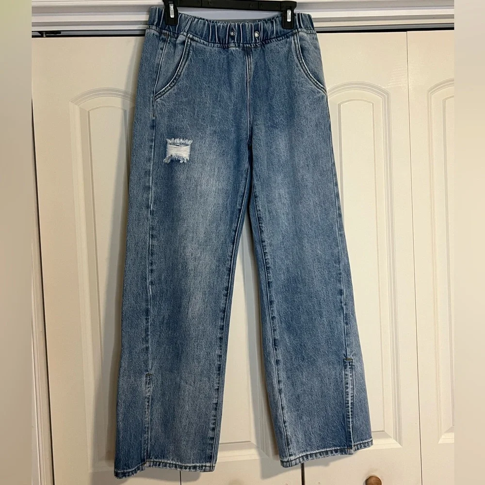 ONE TEASPOON Roadhouse Light Wash Pull-On Wide Leg Jeans w/ Slit Bottoms - Picture 1 of 7